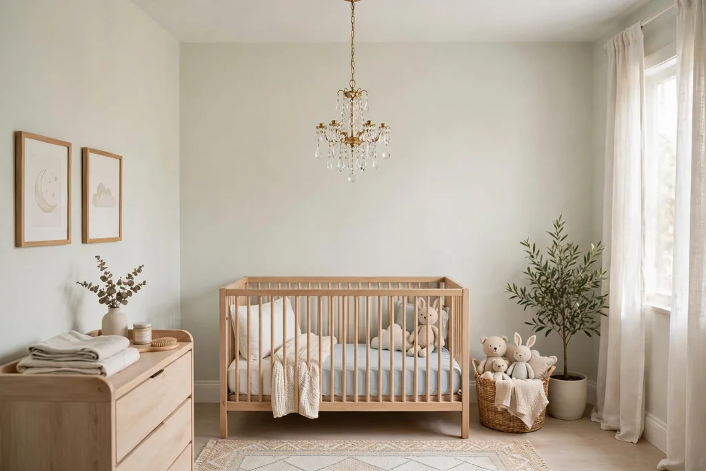 Small crystal chandelier hanging in the center of a pale nursery.