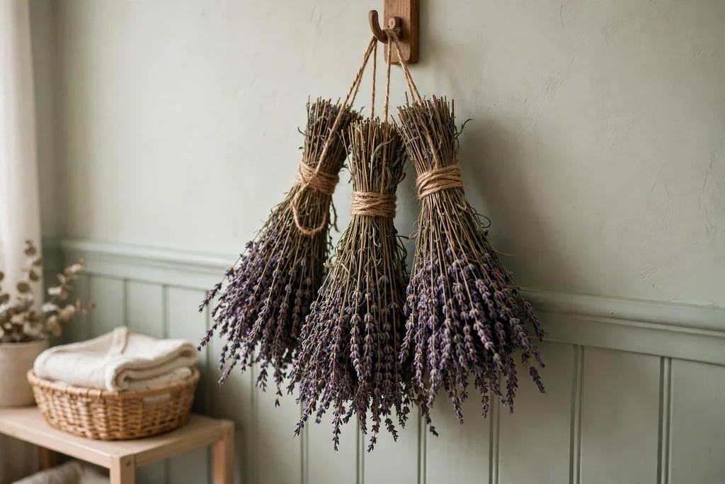 Dried lavender bundles tied with string hanging on a nursery wall hook.