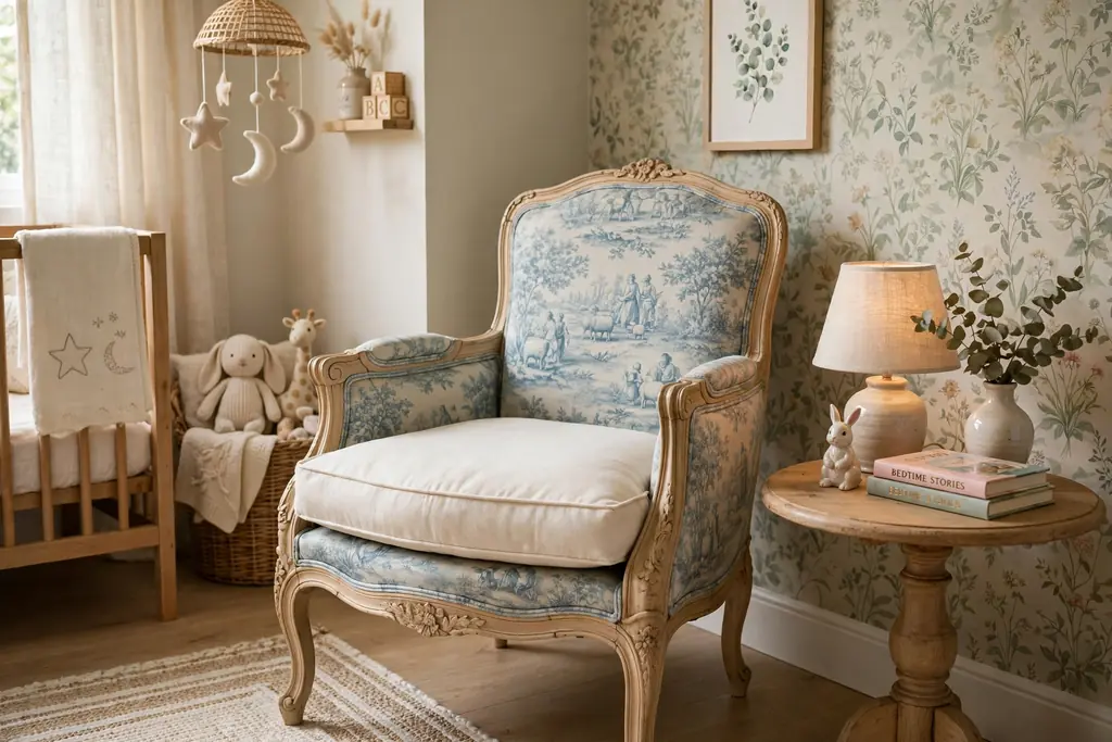 Vintage French armchair with a cream cushion in a nursery corner.