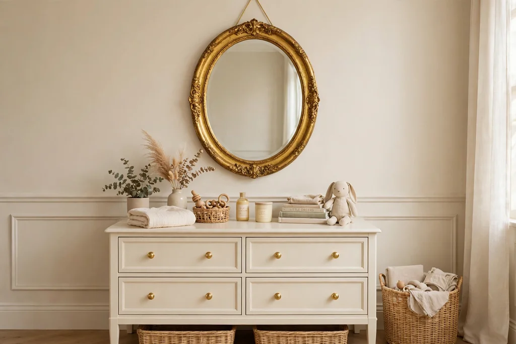 Gilded oval mirror hanging above a cream nursery dresser.