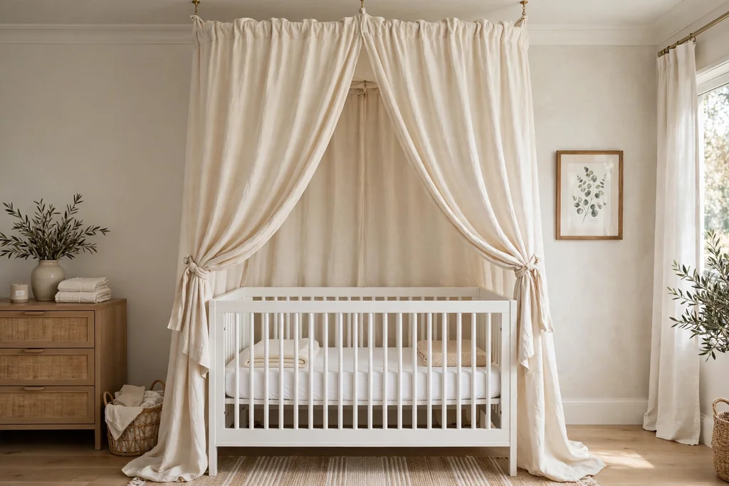 Cream linen canopy framing a white crib, kept clear of the mattress.