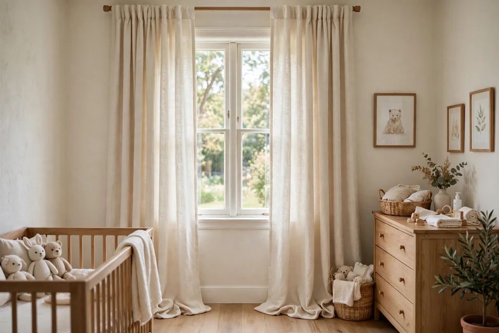 Floor length cream linen curtains hung high at a nursery window.