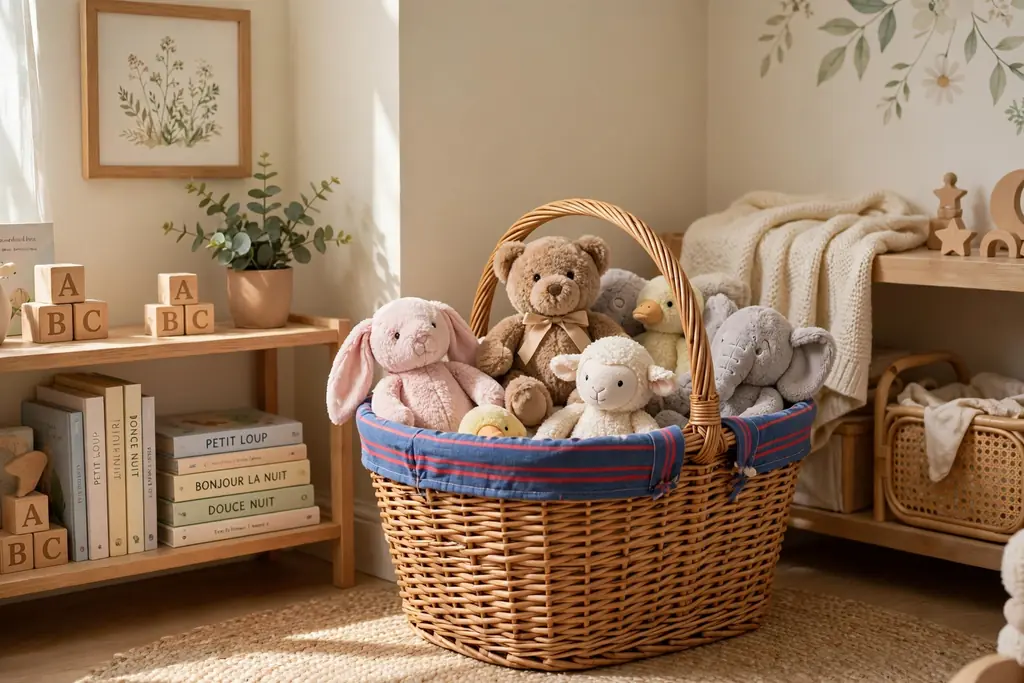 French market basket holding soft toys in a nursery corner.