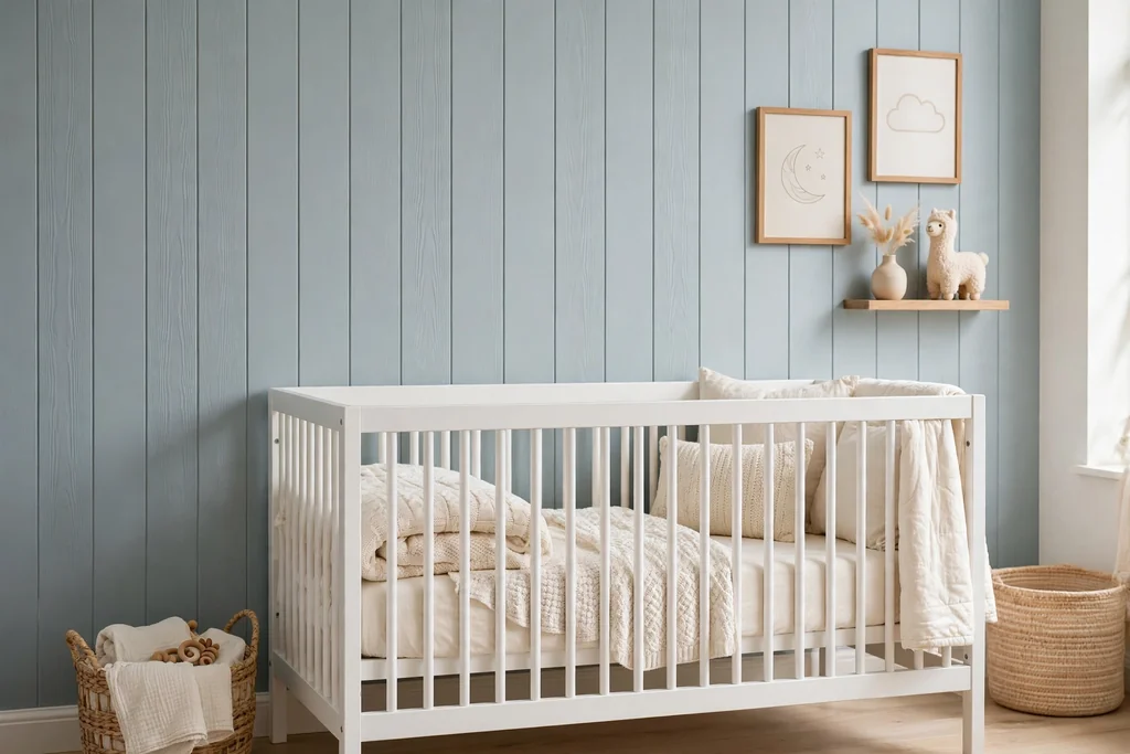 Pale blue grey panel wall behind a white crib with cream bedding.