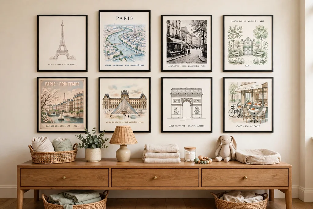 Gallery wall of Paris prints in slim frames above a nursery dresser.