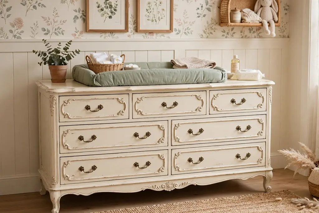 Cream French provincial dresser used as a changing table with a changing pad.