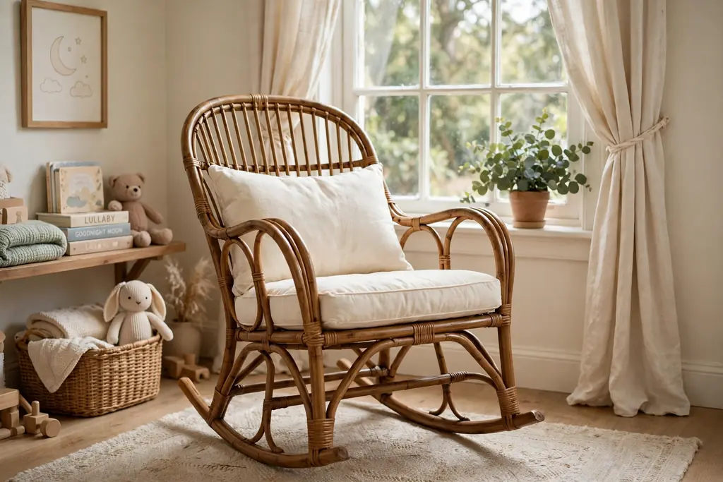 Rattan rocking chair with a cream cushion by a nursery window.