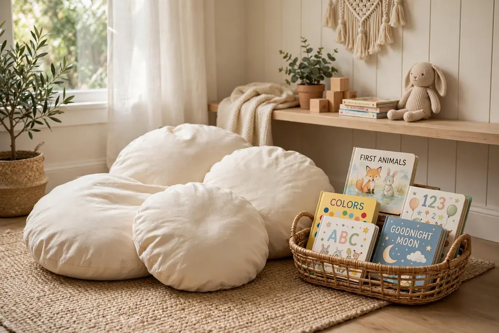 Nursery reading nook with cream floor cushions and a basket of board books.