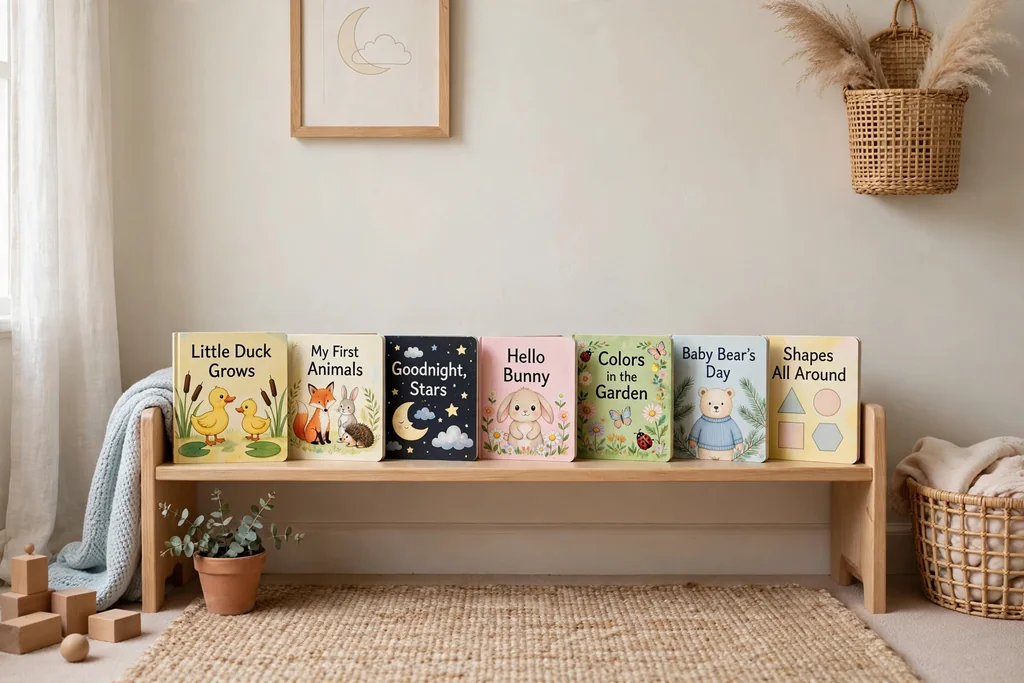 Low storybook shelf with forward facing board books in a nursery.