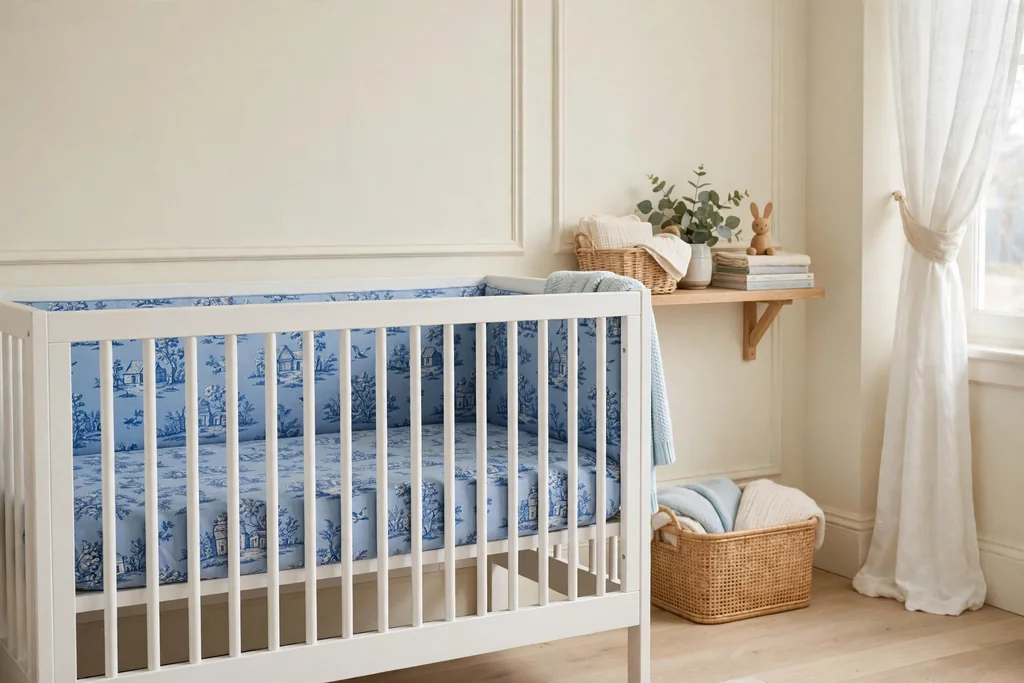 White crib with blue toile fitted bedding beside a cream wall.