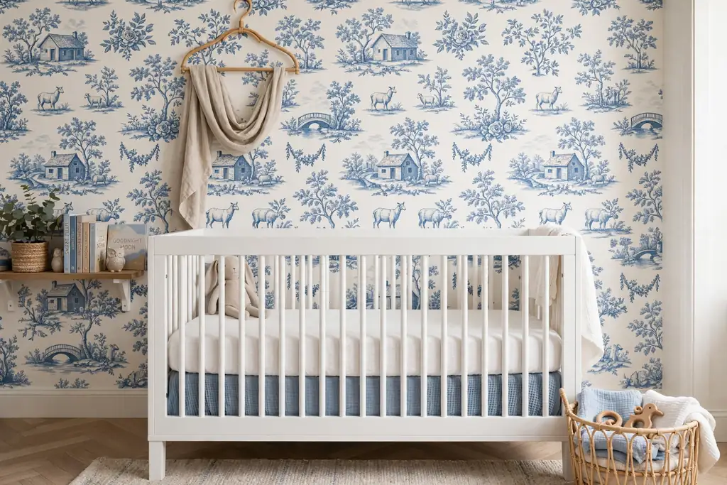 Nursery feature wall in blue toile wallpaper behind a white crib.