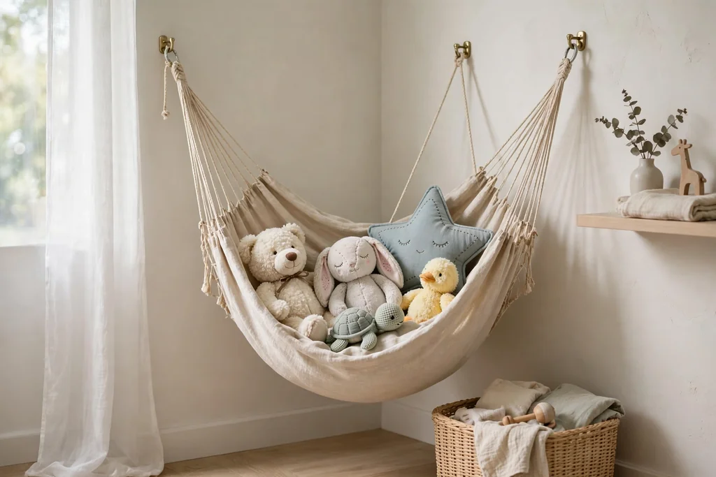 Corner linen hammock holding soft toys in a nursery.