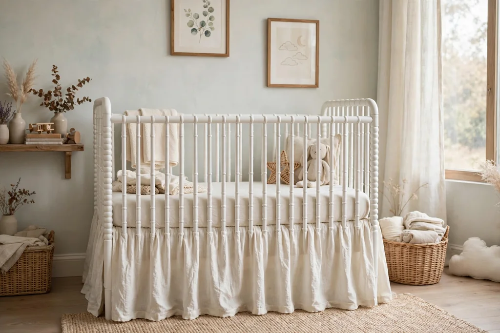 White spindle crib with a cream linen skirt in a pale nursery.