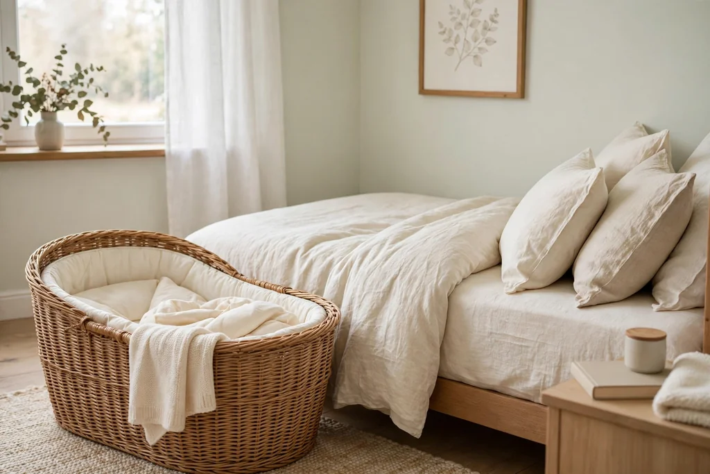 Wicker bassinet with cream bedding beside a bed.