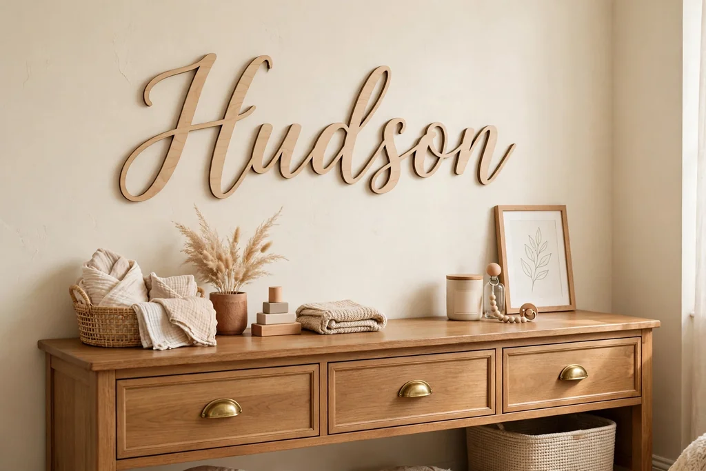 Wooden script name letters mounted on a cream nursery wall.