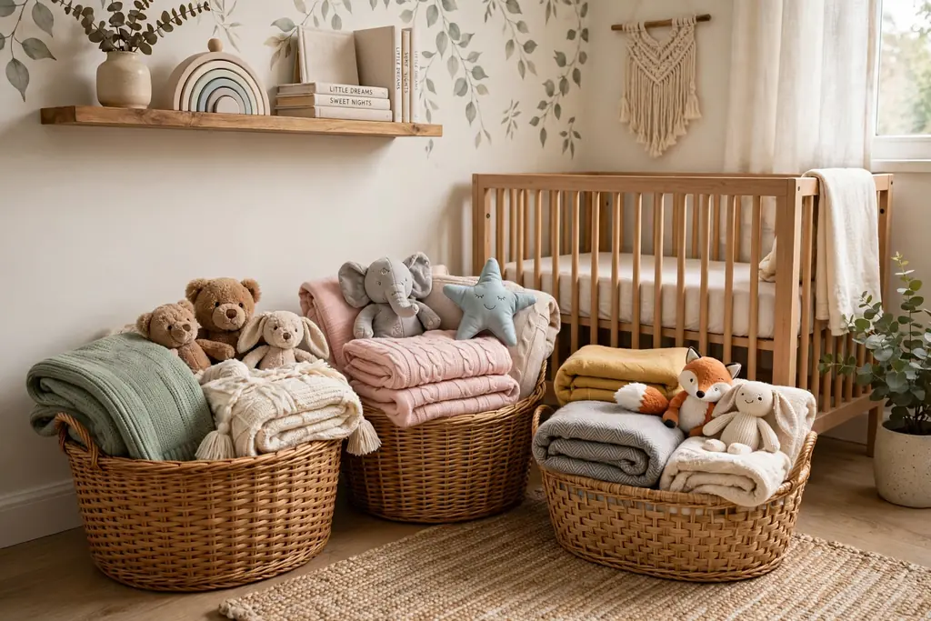 Woven baskets holding soft toys and folded blankets in a nursery corner.