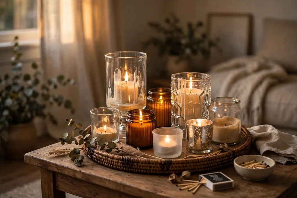 Candle cluster of varied glass holders and jars on a tray on a side table.