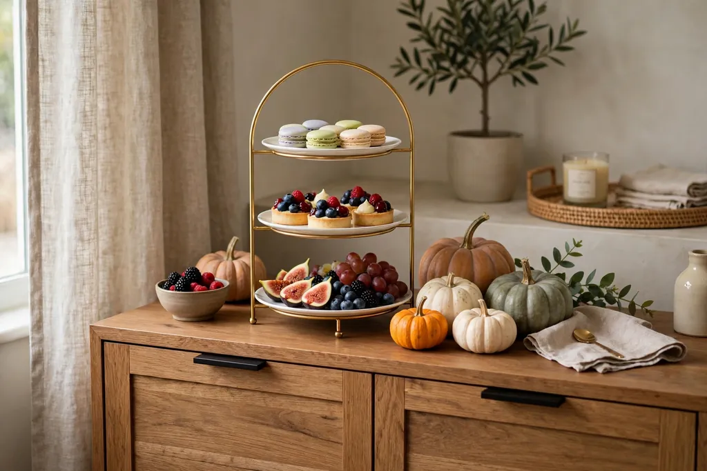Tiered stand on a sideboard holding small desserts and fruit with mini pumpkins beside it.