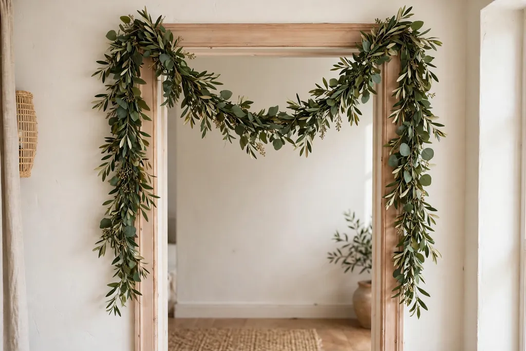Leaf garland draped over a doorway with a slight dip in the middle and trailing ends.