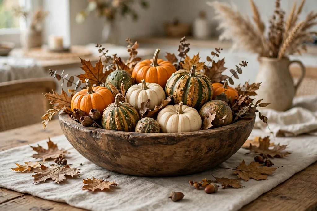 Low wooden dough bowl filled with small pumpkins, gourds, and dried leaves on a dining table.