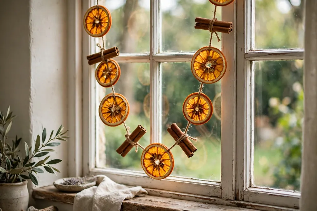 Garland of dried orange slices and cinnamon sticks on twine hanging in a window.