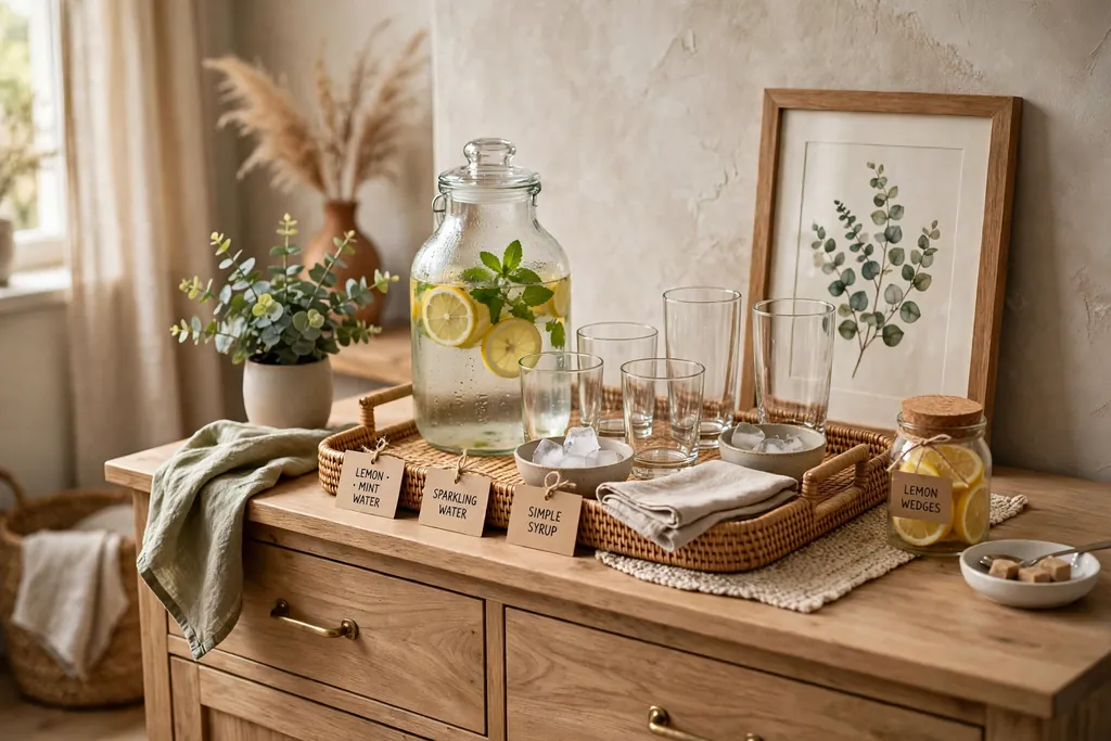 Self serve drink station on a sideboard with a tray, glasses, a jug, and small labels.