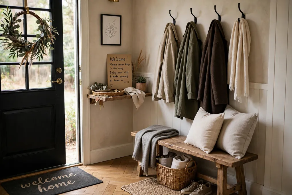 Entry welcome station near a front door with a handwritten sign, a tray for keys, and a bench for coats.
