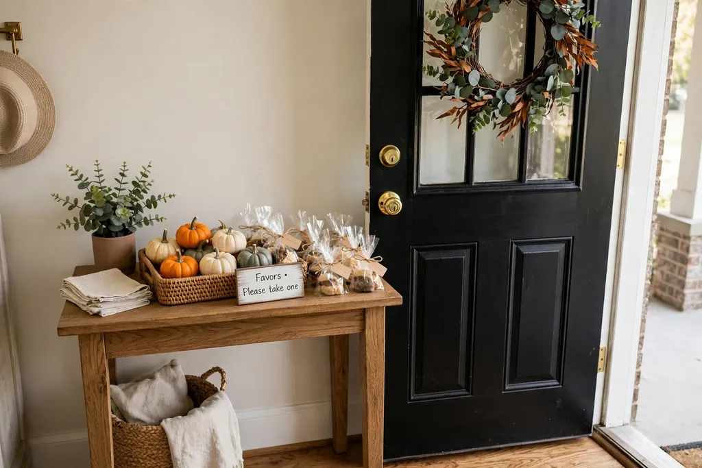 Favor station near a door with a tray of mini pumpkins and small wrapped treats and a short sign.
