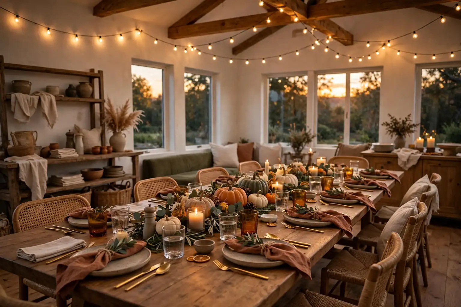 Wide relaxed friendsgiving dining room with a long shared table, low pumpkin centerpiece, warm string lights, and friends gathered in soft evening light, no faces in close detail.