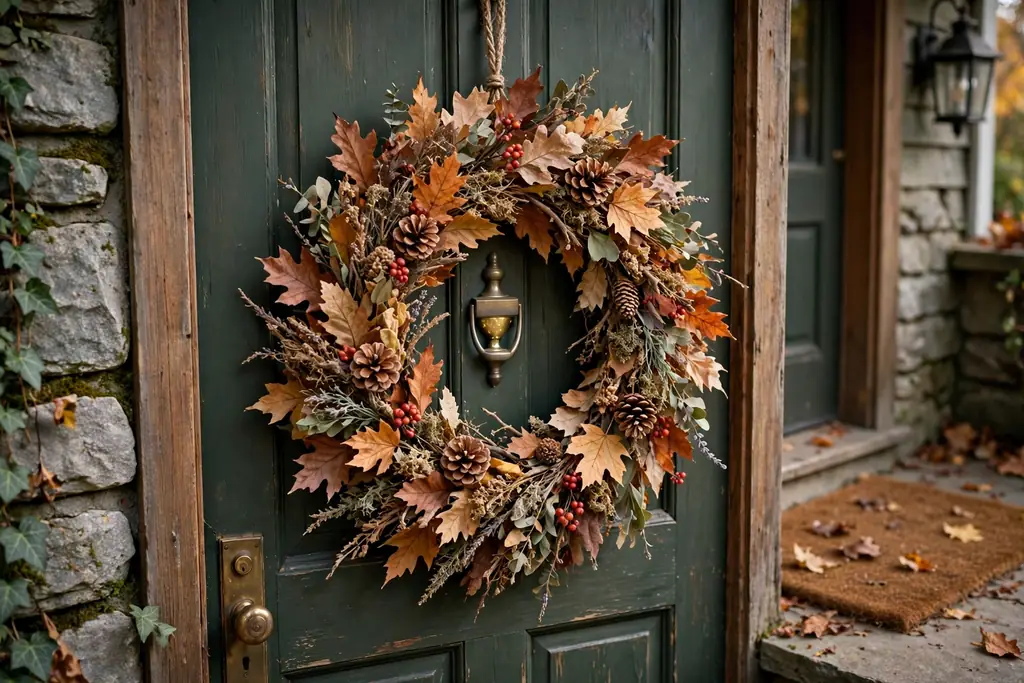 Autumn wreath with dried leaves, small berries, and pinecones on a front door.