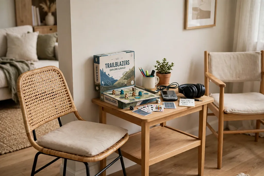 Small game station on a side table with cards and a board game and chairs nearby.