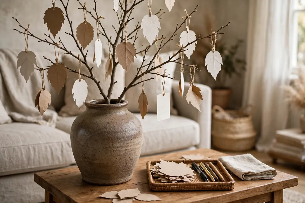 Bare branch in a heavy vase on a side table with paper leaves and pens in a small tray.