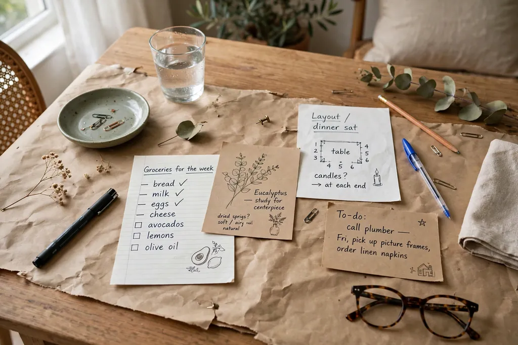 Dining table covered with a kraft paper runner, pens, and handwritten notes and drawings.