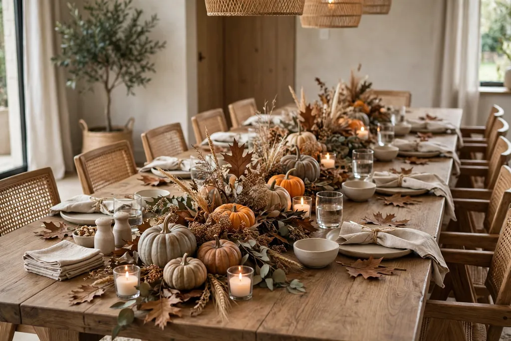 Long shared dining table with a low harvest runner of small pumpkins, dried leaves, and short candles in glass holders.