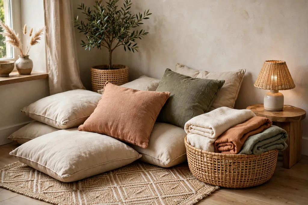 Lounge corner with floor cushions, folded throws in a woven basket, and a small lamp.