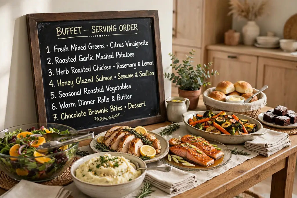 Small chalkboard menu board near a buffet listing dishes in serving order.