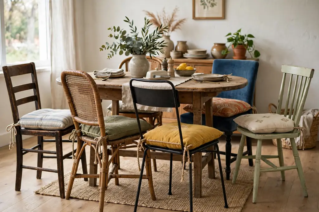 Mismatched dining chairs around a table with cushions tied onto each seat.
