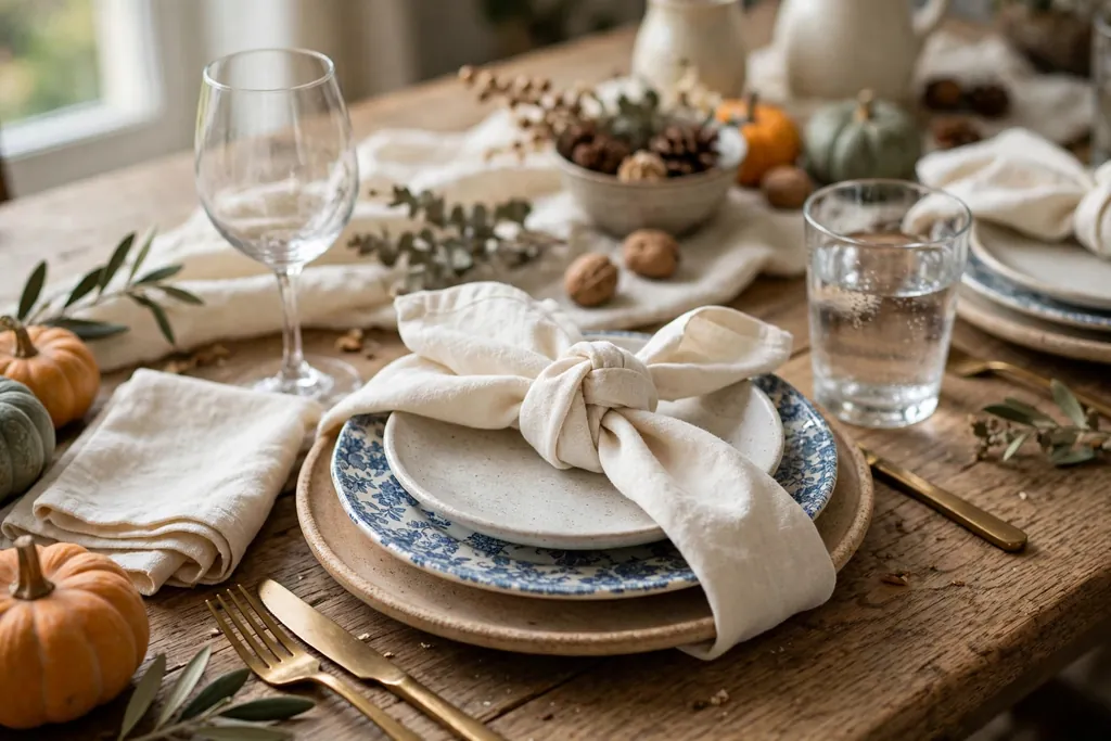 Mixed plates and glasses at a friendsgiving table tied together with cream linen napkins in a simple fold.