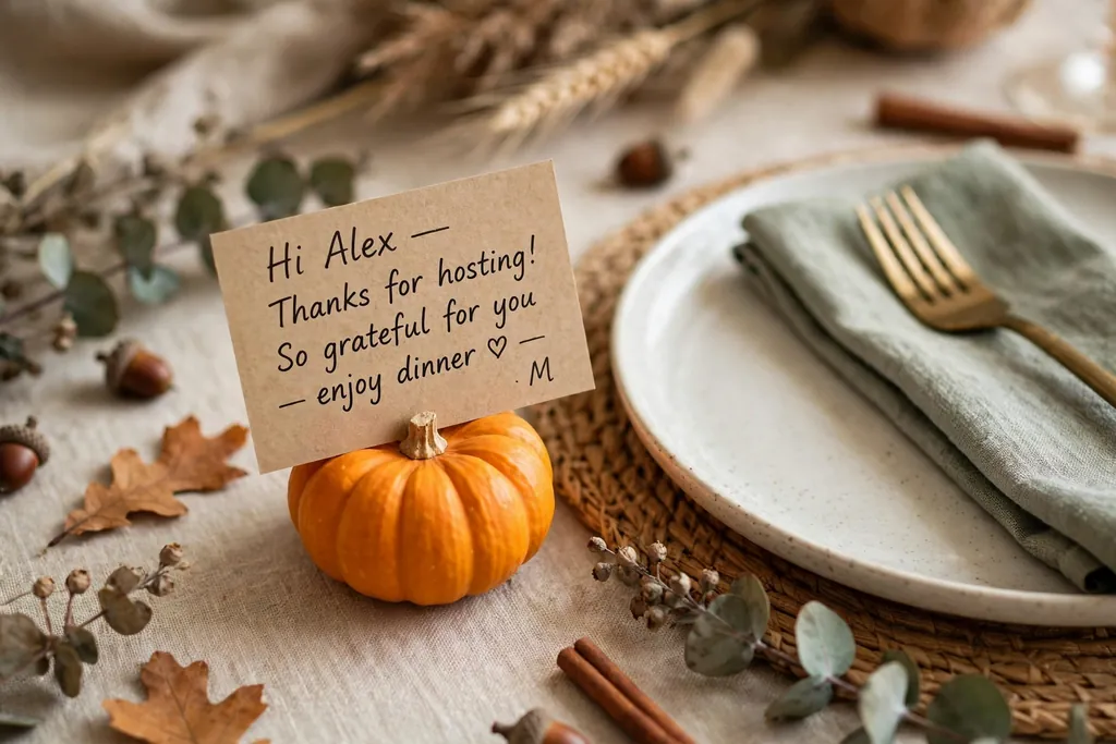 Small handwritten name card with a short note leaning on a mini pumpkin beside a plate.