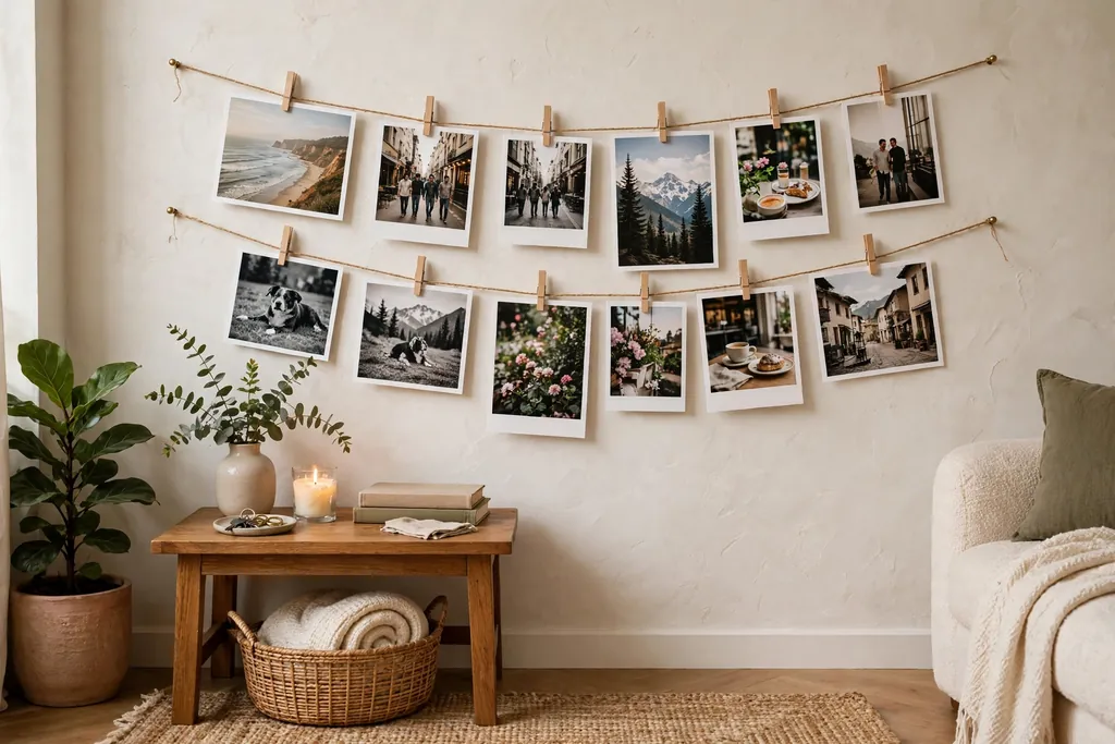 Photo display wall with printed photos hung on string with clips above a side table.
