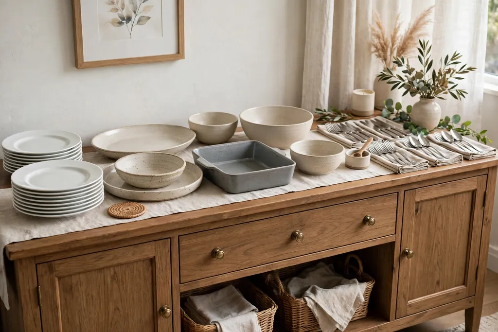Sideboard buffet set in serving order with plates first, dishes in the middle, and cutlery at the end.