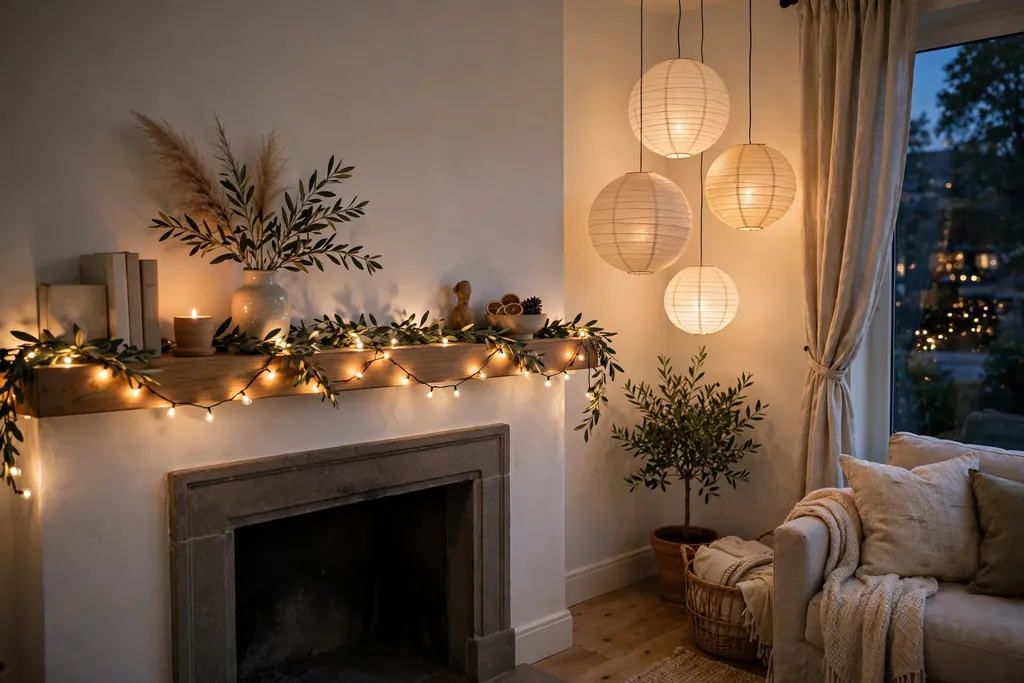 Warm white string lights along a mantel with paper lanterns in a corner of a living room.