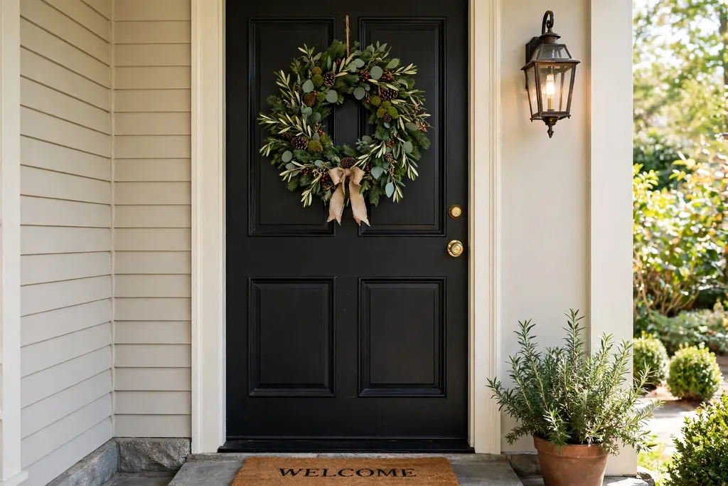 Classic black front door with a fresh green seasonal wreath and a lantern.
