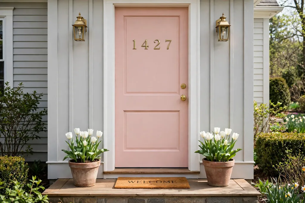 Blush pink front door with brass house numbers and white spring tulips.