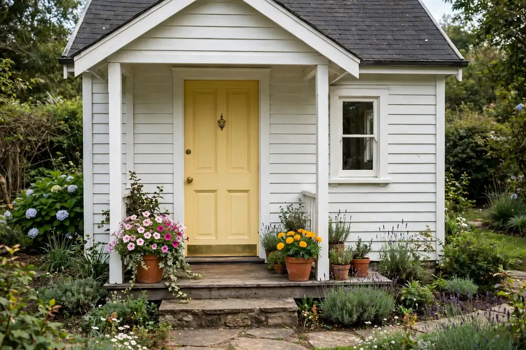 Buttery yellow front door on a small cottage with white trim and flower pots.
