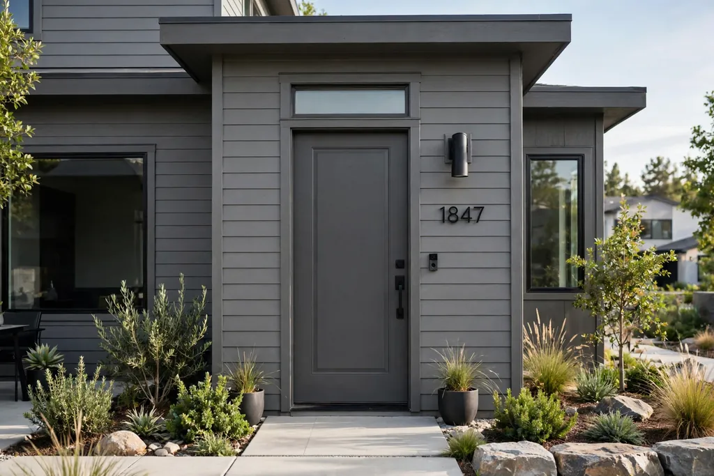 Charcoal gray front door with matte black hardware on a modern house.