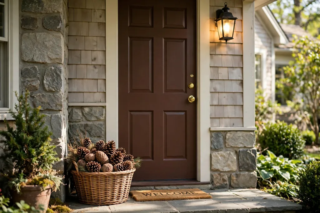 Chocolate brown front door with a woven basket and a warm porch lantern.