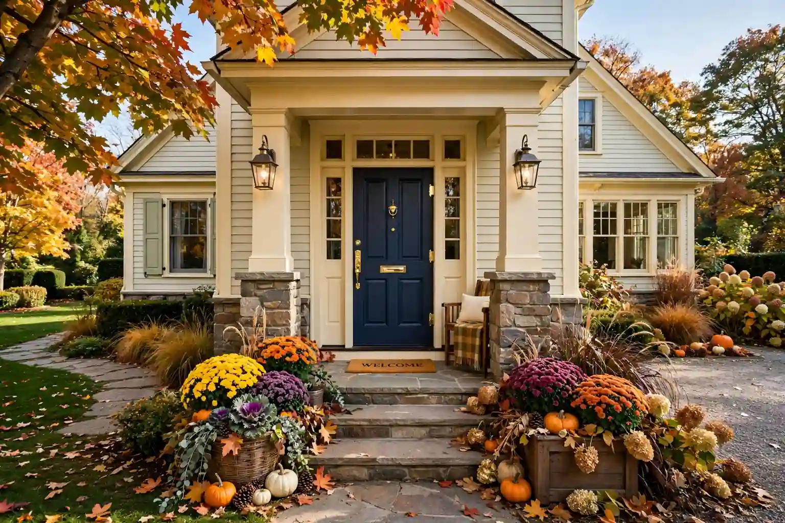 Wide view of a cozy house entry with a deep navy front door, brass hardware, cream trim, porch lanterns, and autumn planters.