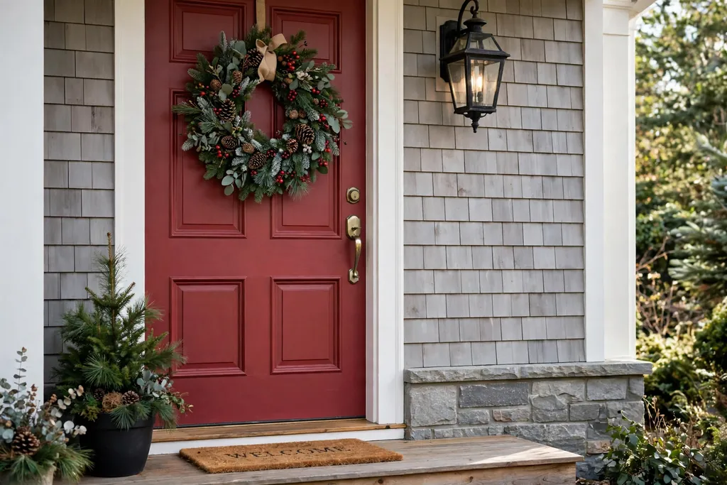 Cranberry red front door with a winter wreath of fir and pine cones.