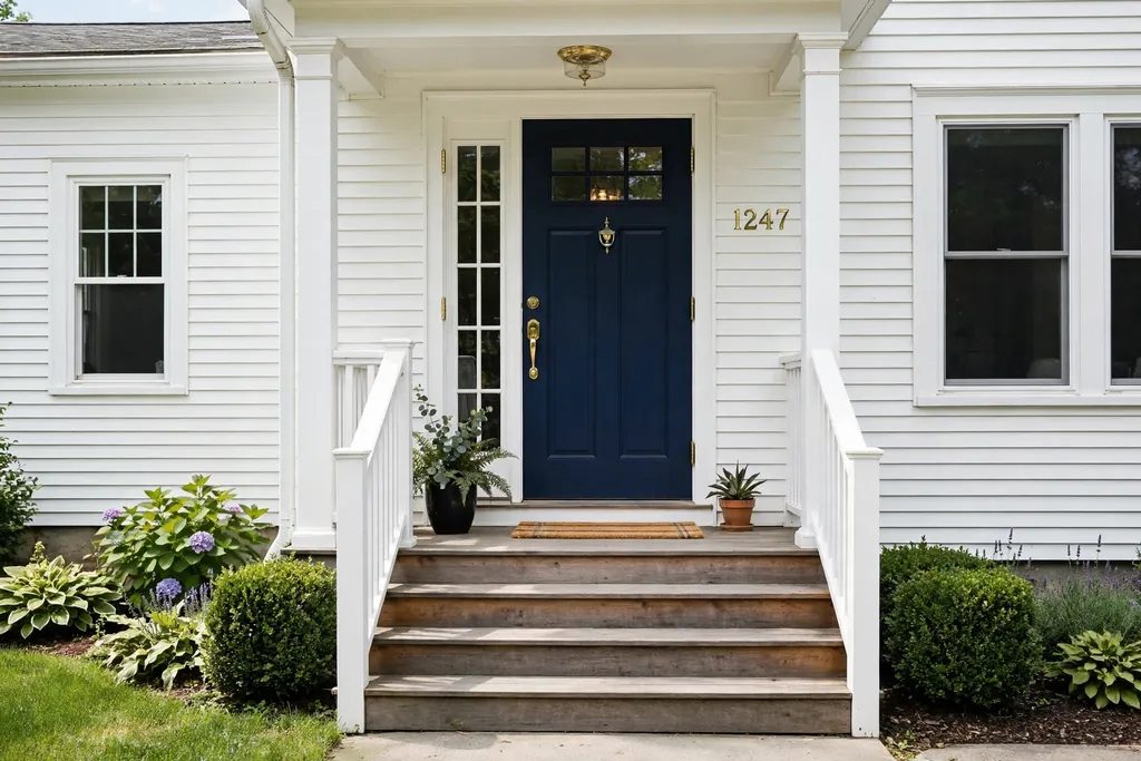 Deep navy front door with polished brass hardware on a house with white siding.